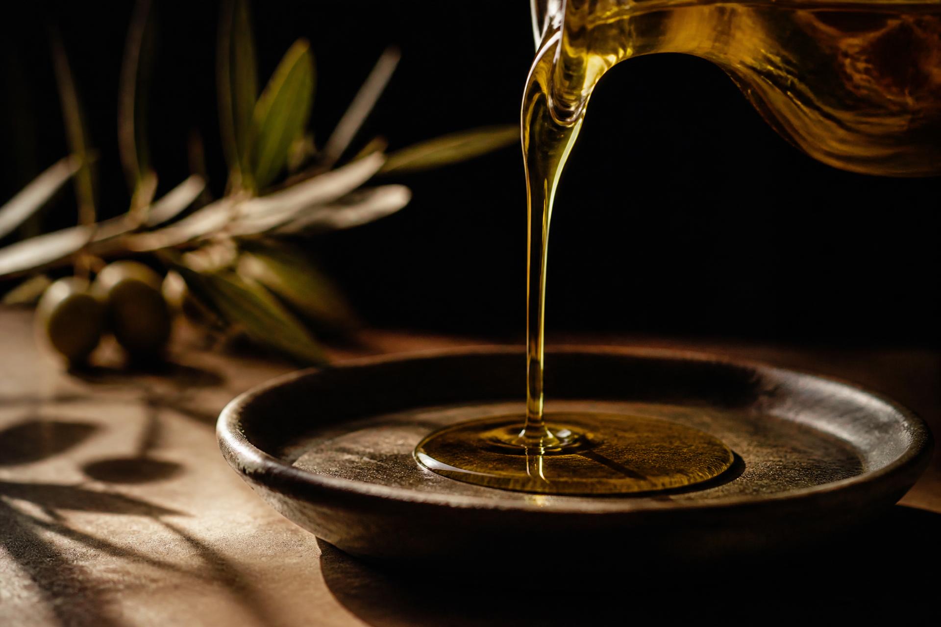 Golden Greek extra virgin olive oil pouring onto a dark ceramic dish in warm Mediterranean light